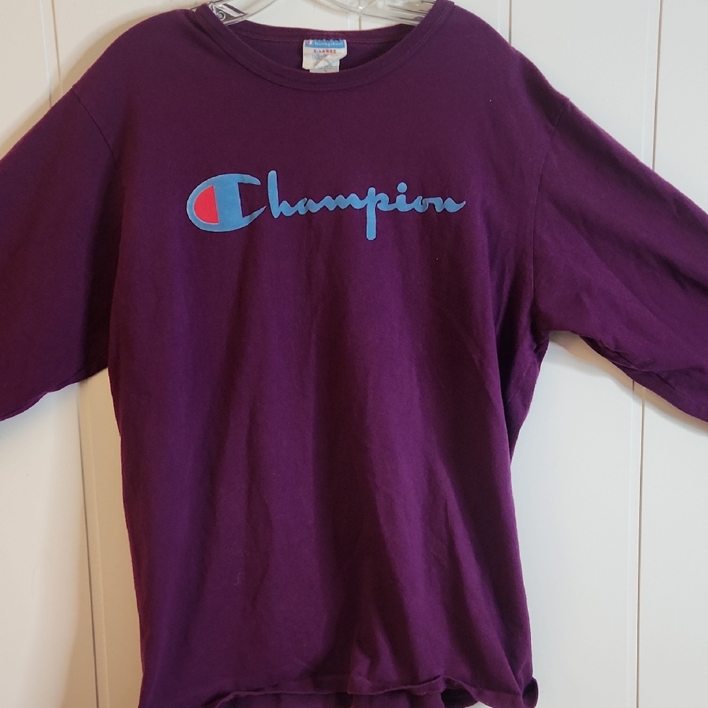 Vintage Center Champion Purple Long Sleev 100% Cotton Old School Thick T-Shirt